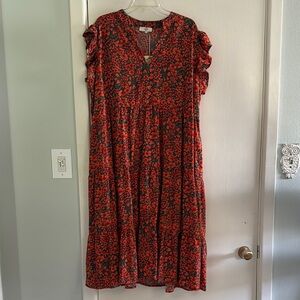Entro Red and Black Floral Midi Dress